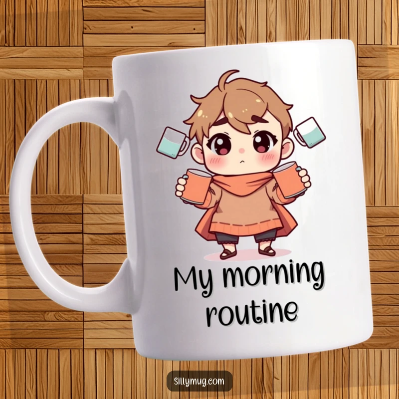Funny mug with a determined character expertly juggling multiple coffee mugs, showcasing intense concentration and beverage balancing skills.
