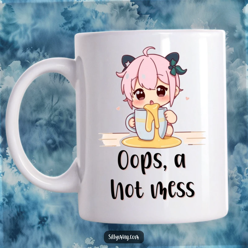 Funny mug showing a character surprised after spilling hot liquid, capturing a relatable comical mishap.