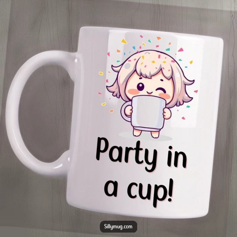 Funny mug featuring a cheerful Kawaii character joyfully holding a mug that is spraying colorful confetti, symbolizing celebration and happiness.