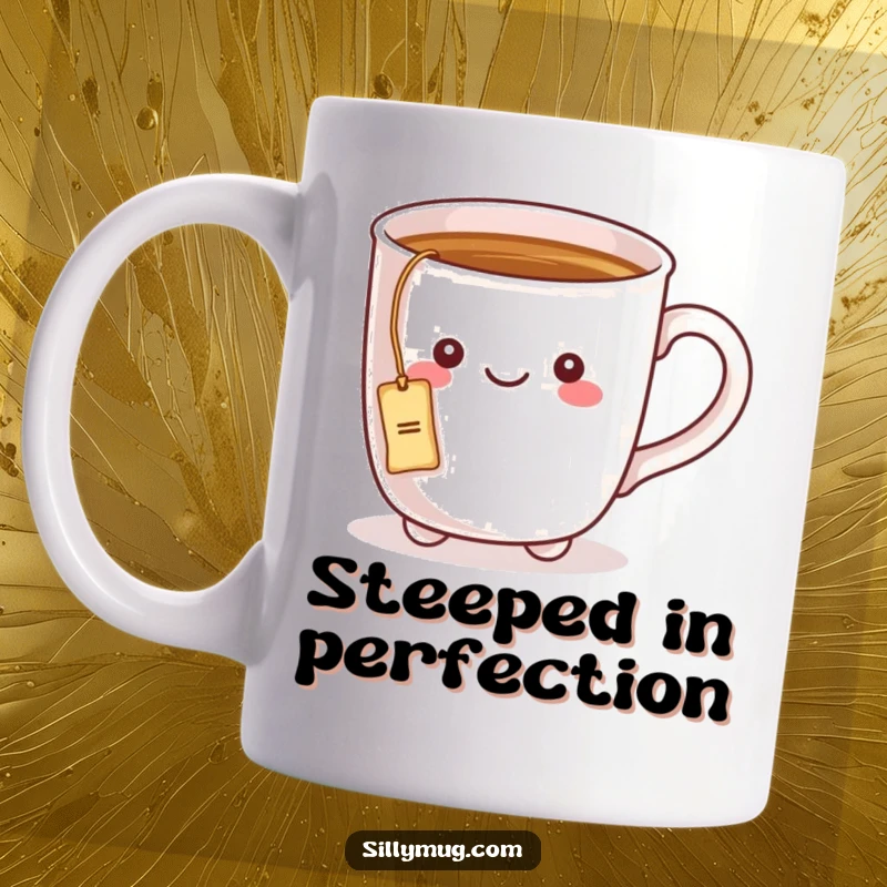 Funny mug with a kawaii character whose handle has a tea bag string tied around it, depicting a sweet predicament.