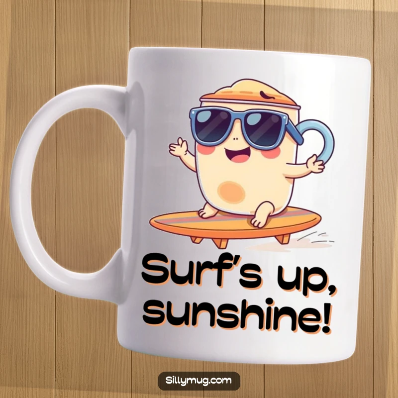 Funny, giggling mug wearing sunglasses, confidently riding a tiny surfboard on a wave, radiating cool beach vibes.