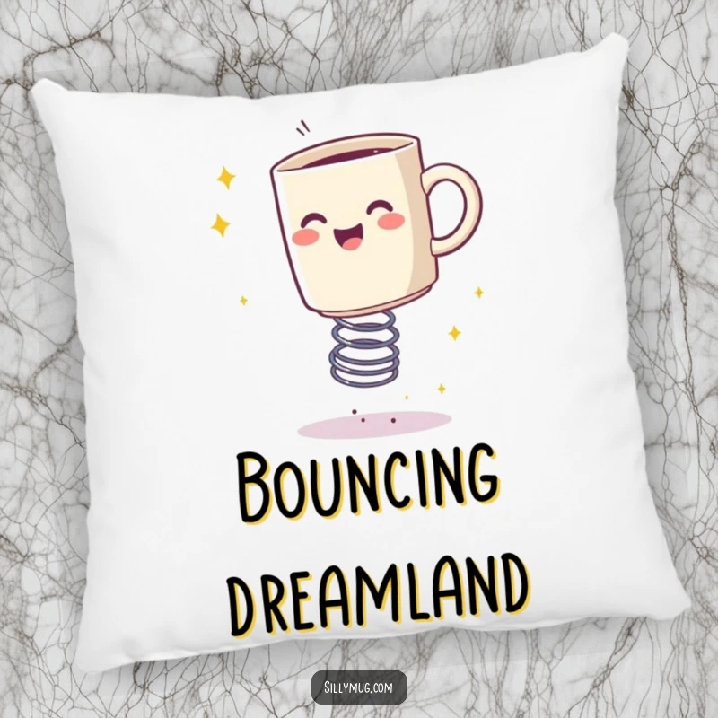 Funny pillow depicting a happy mug bouncing on a spring, leaving a trail of sparkles, comfortable and energetic.