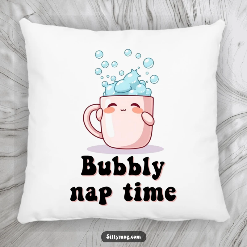 Funny pillow featuring a character playfully tapping a mug overflowing with bubbles, offering cozy, bubbly comfort.