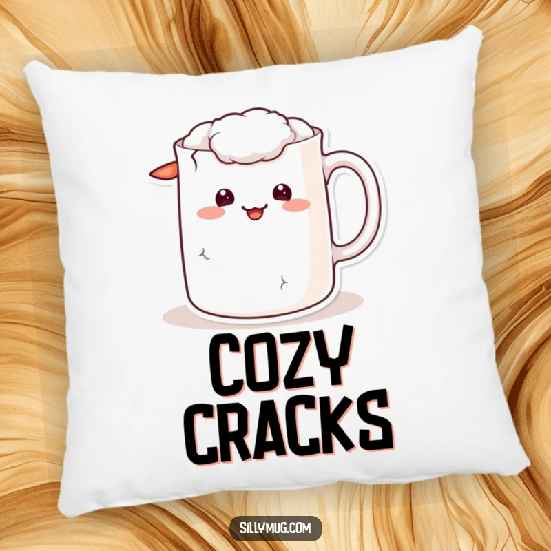 Funny kawaii pillow with a mug character showing a cracked handle and a sheepish grin, ideal for cozy spaces.