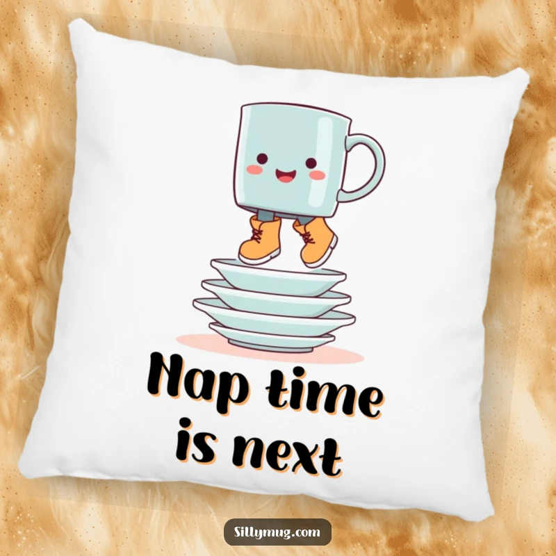Funny booted mug hop pillow, showing a mug in boots jumping over dishes, for humorous comfort and decor.