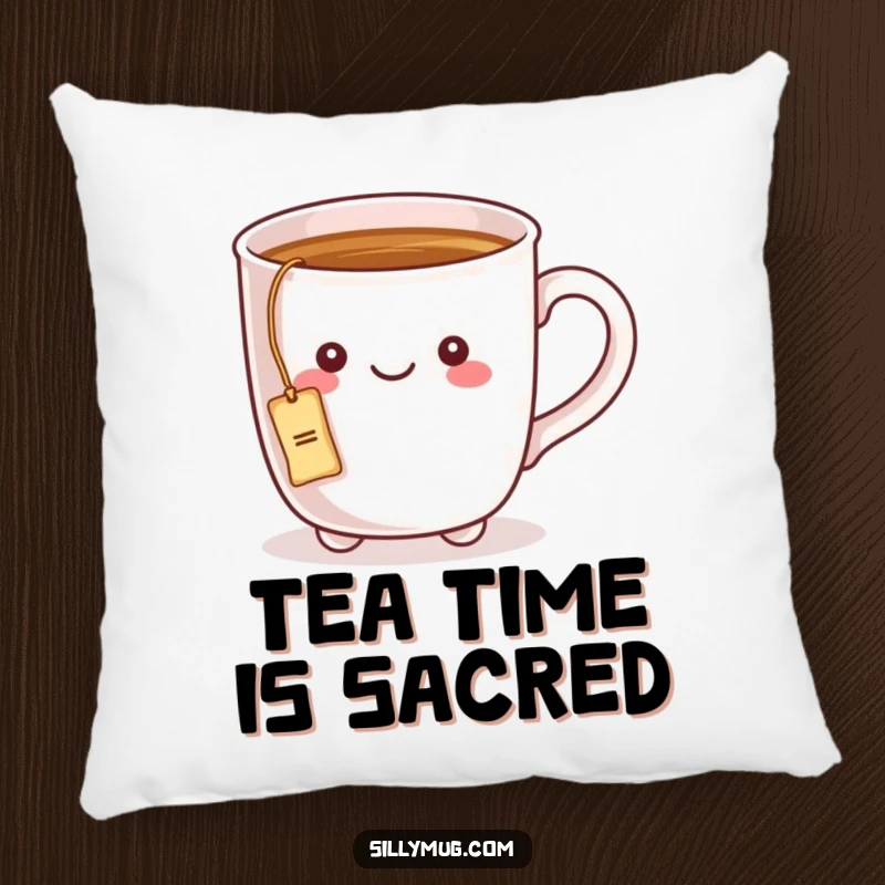 Funny pillow with a kawaii mug character having a tea bag string tied around its handle, offering comfort and tea-time charm.
