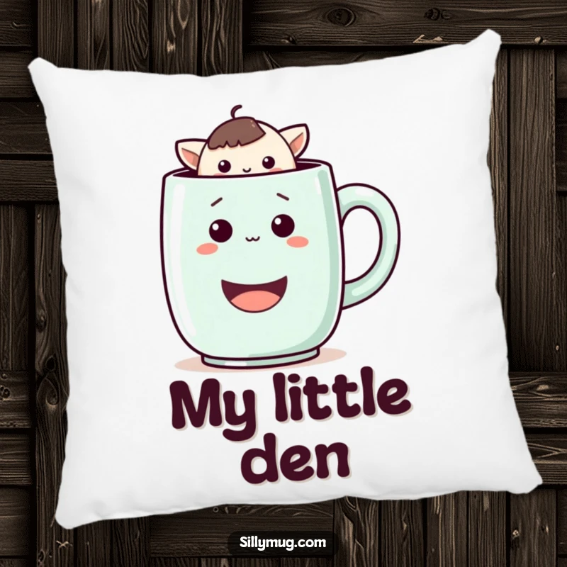 Funny pillow showcasing a playful Kawaii character peeking out from a large, friendly mug, designed for maximum comfort and cuteness.