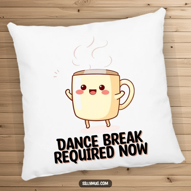 Funny pillow with a kawaii mug character doing a happy dance surrounded by swirling steam, offering comfort and whimsy.