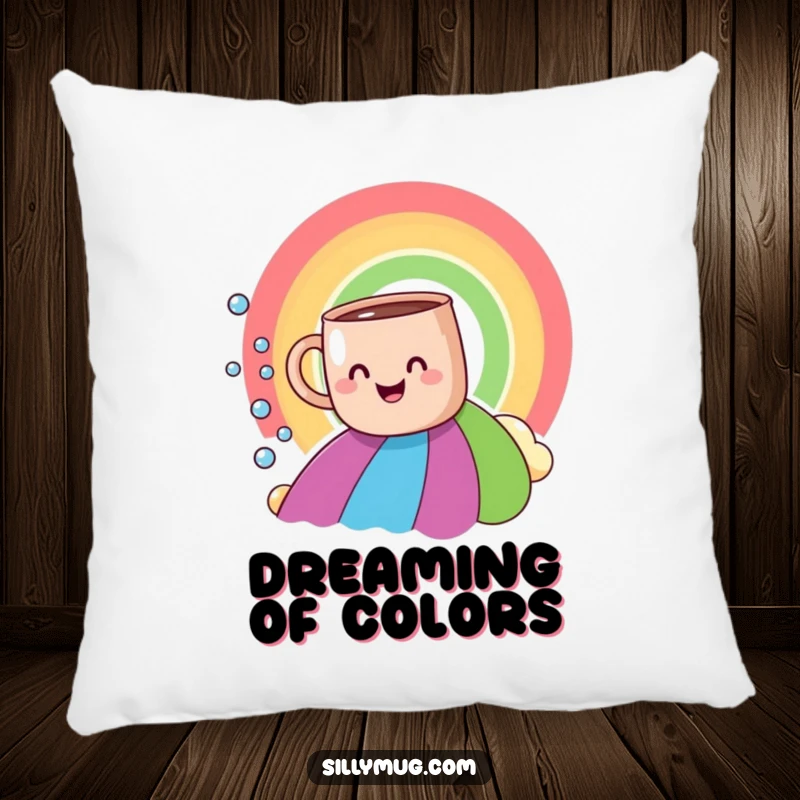 Funny smiling mug rainbow slide pillow, depicting a happy mug on a rainbow, perfect for humorous comfort.