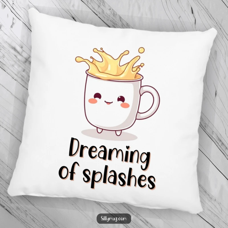 Funny kawaii mug character playfully splashing imaginary liquid, depicted on a soft and comfy pillow for humorous relaxation.