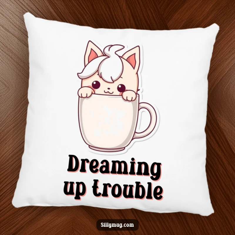 Funny pillow featuring a character peeking mischievously over a mug, offering cozy comfort and playful charm.