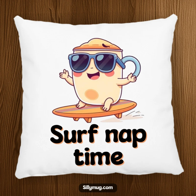 Funny pillow depicting a giggling mug wearing sunglasses, riding a tiny surfboard, comfortable and radiating coolness.