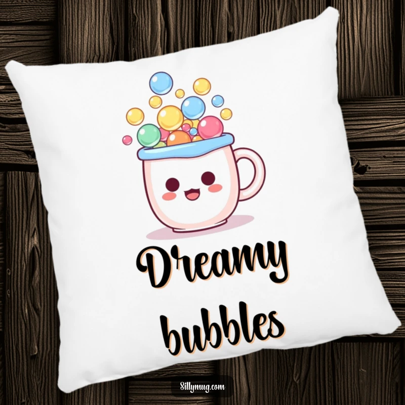 Funny kawaii pillow with a mug character overflowing with bubbles, showing comical surprise, ideal for cozy spaces.
