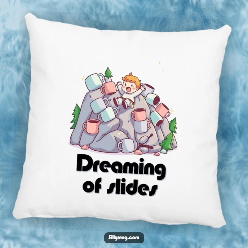 Funny Pillow featuring a character sliding down a mountain of mugs, offering cozy comfort with an exhilarating and humorous coffee theme.