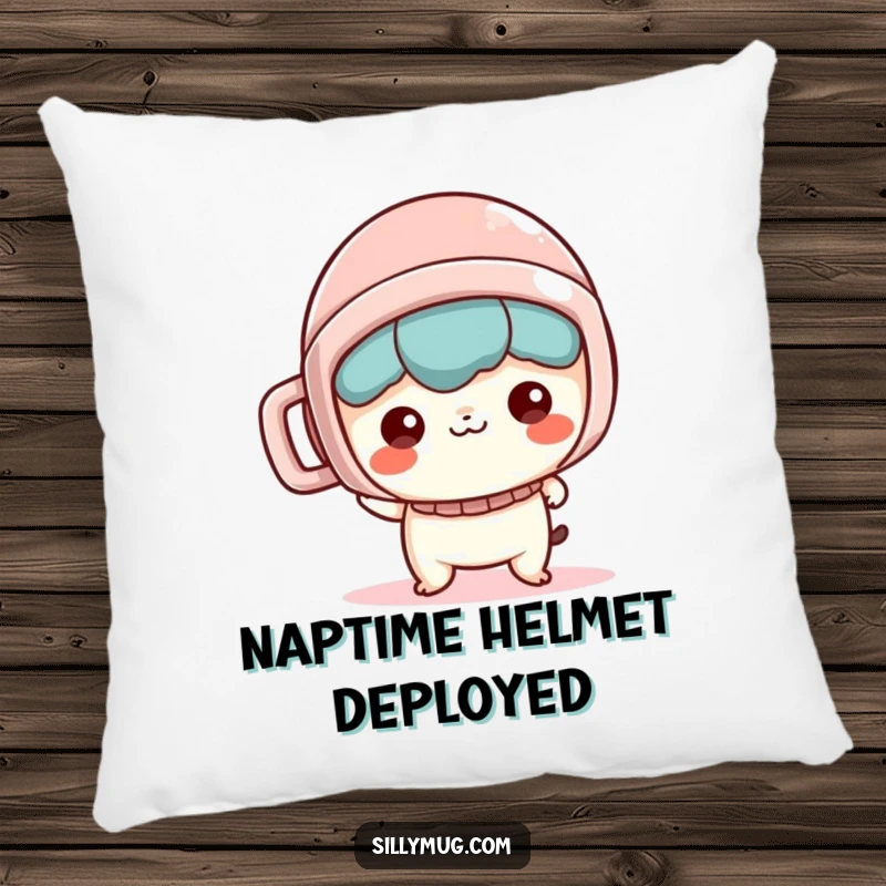 Funny Pillow: A mischievous Kawaii character uses a mug as a helmet, looking adorable and ready for a nap or adventure.