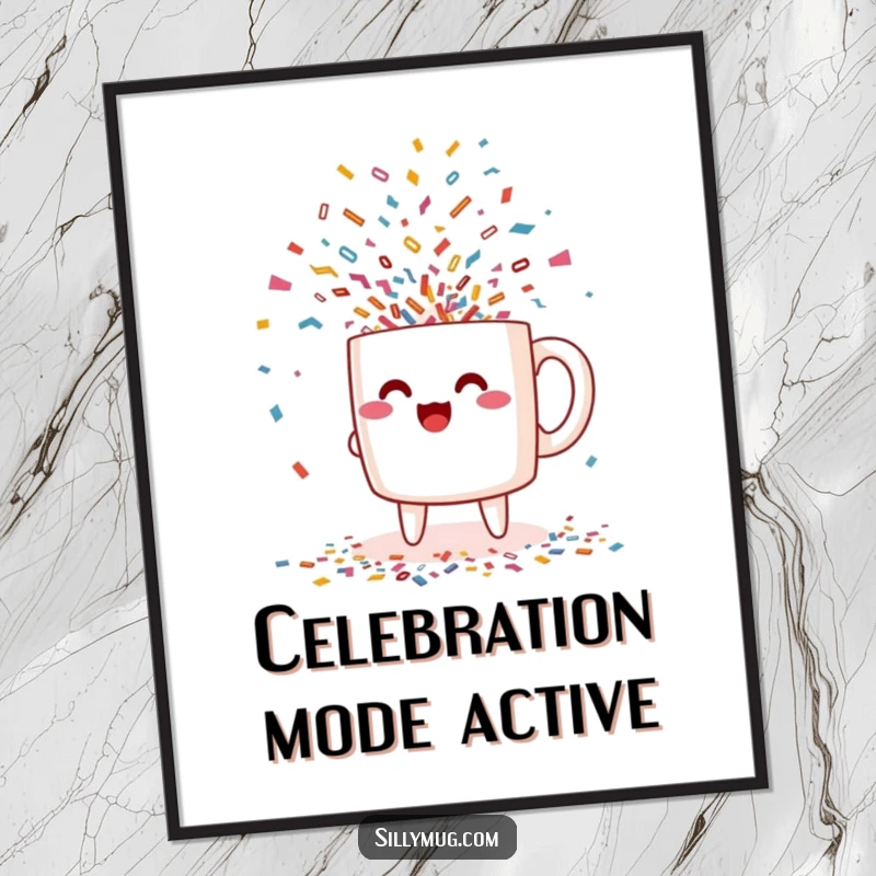 Funny excited Kawaii mug character pouring confetti digital art print, perfect for instant wall decor with festive artistic humor.