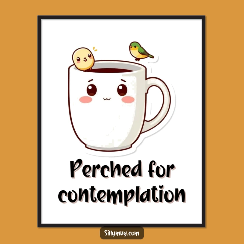 Funny Kawaii Mug Digital Art: Printable Character & Bird Decor, Instant Joy Gift
