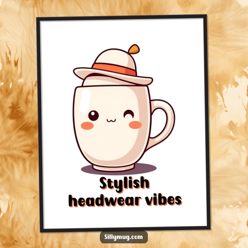 Funny Kawaii mug character with a tilted jaunty hat digital art print, perfect for instant wall decor with cute artistic humor.