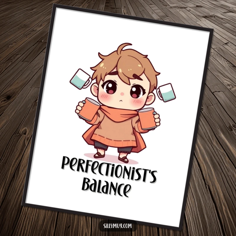 Funny Digital Art: A character is humorously depicted juggling multiple coffee mugs, available for instant download and display.