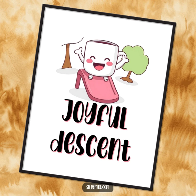 Funny digital art print of a playful mug with arms outstretched, joyfully sliding down a slide, providing instant humor.