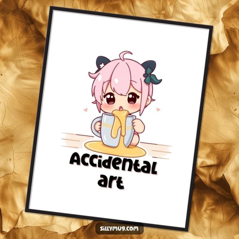 Funny digital art print of a surprised character reacting to a coffee spill from a mug, adding humor.