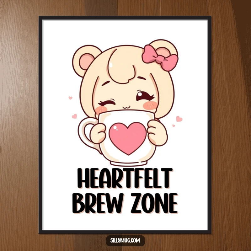 Funny digital art featuring a character winking and holding a steaming mug with a heart, perfect for instant, humorous wall decor.
