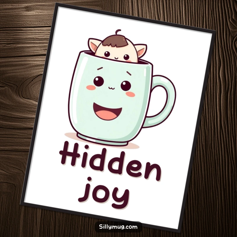 Funny digital art print of a playful Kawaii character peeking from a large, smiling mug, ideal for adding cute and humorous decor.