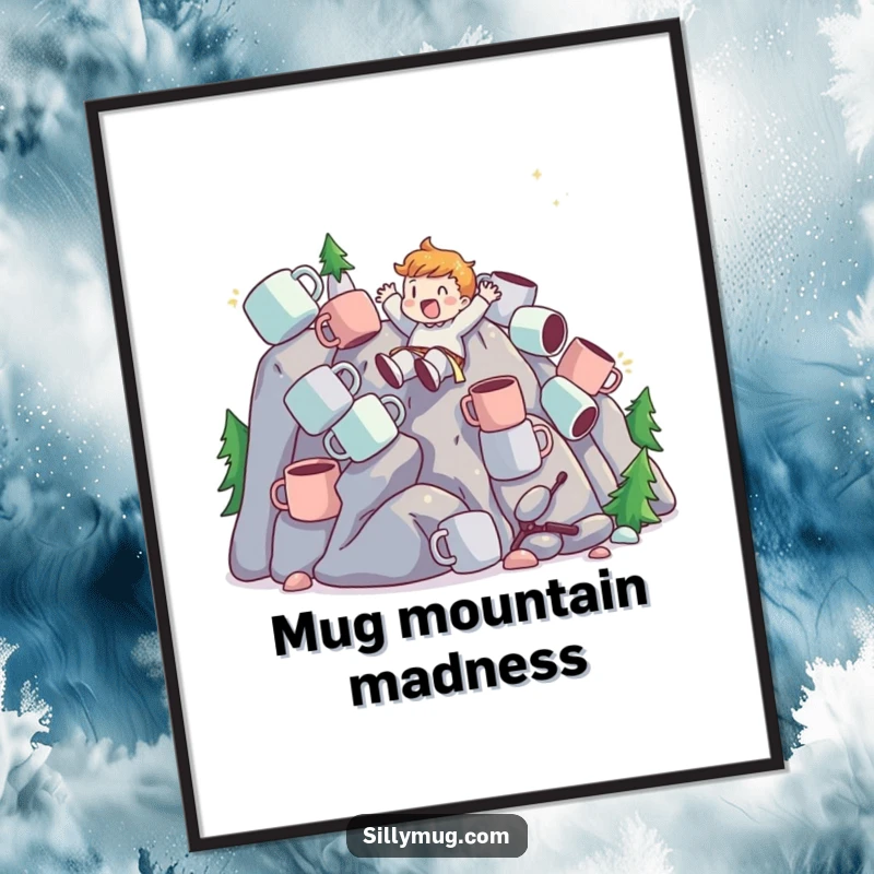 Funny Digital Art Print of a character gleefully sliding down a mountain of mugs, bringing thrilling coffee themes and humor to any space.