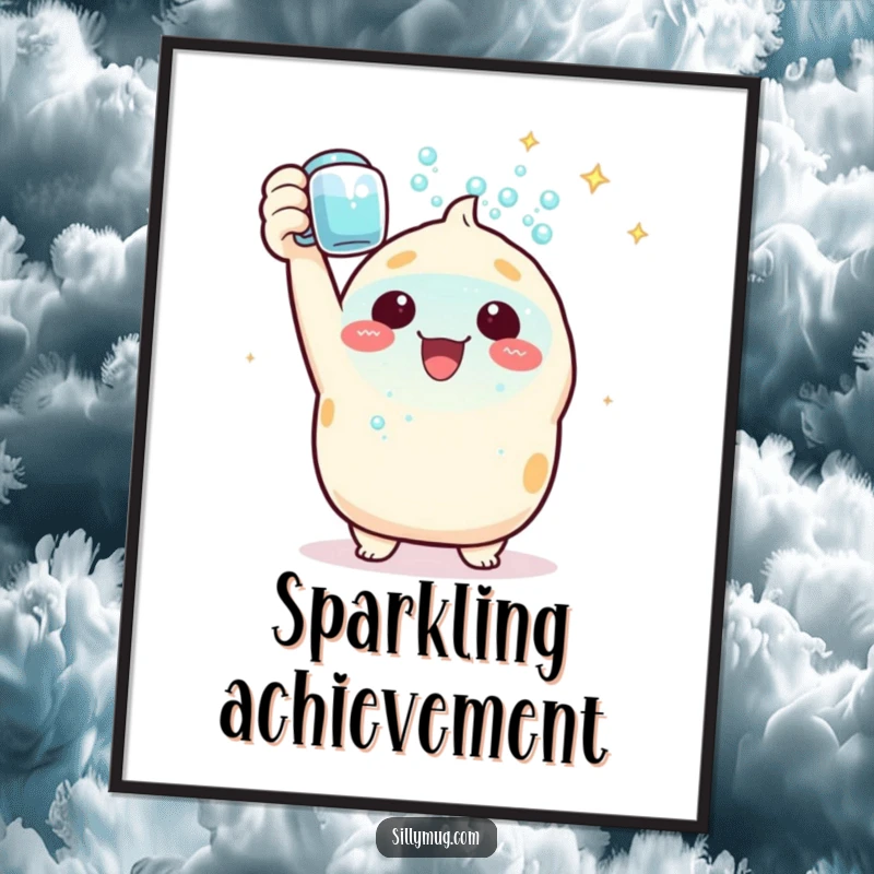 Funny Digital Art: A triumphant Kawaii character joyfully presents a mug brimming with sparkling bubbles, embodying pure celebration.