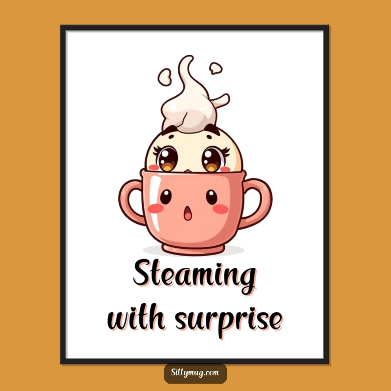 Funny Steam Digital Art: Surprised Character, Bursting Mug, Print