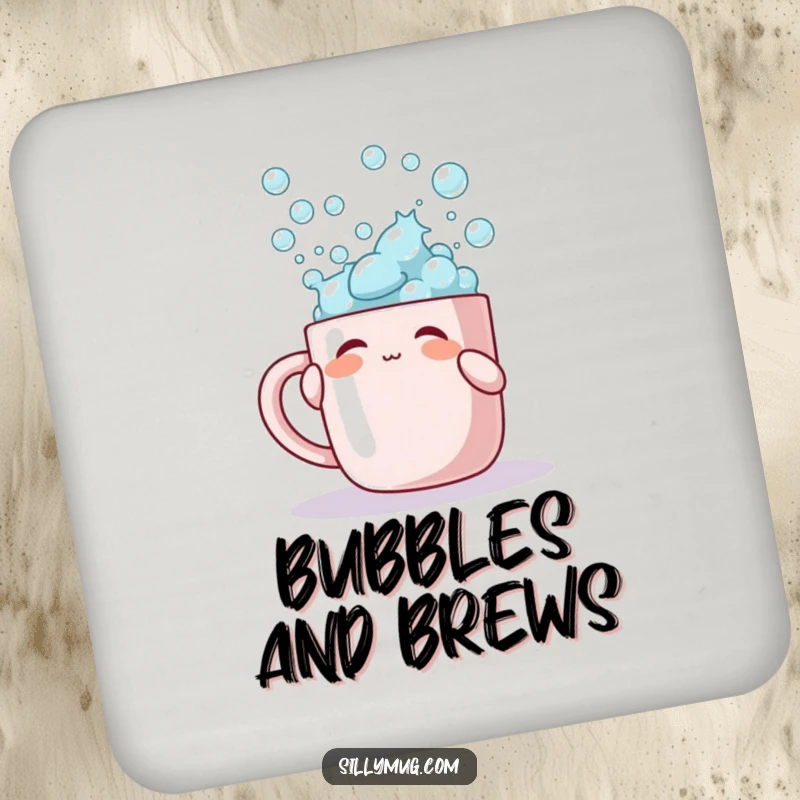 Funny drink coaster showing a character playfully tapping a mug overflowing with bubbles, protecting surfaces.