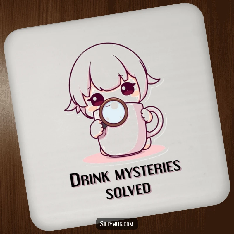 Funny Coaster: A curious Kawaii character examines a mug with a magnifying glass, offering protection and adorable detail.