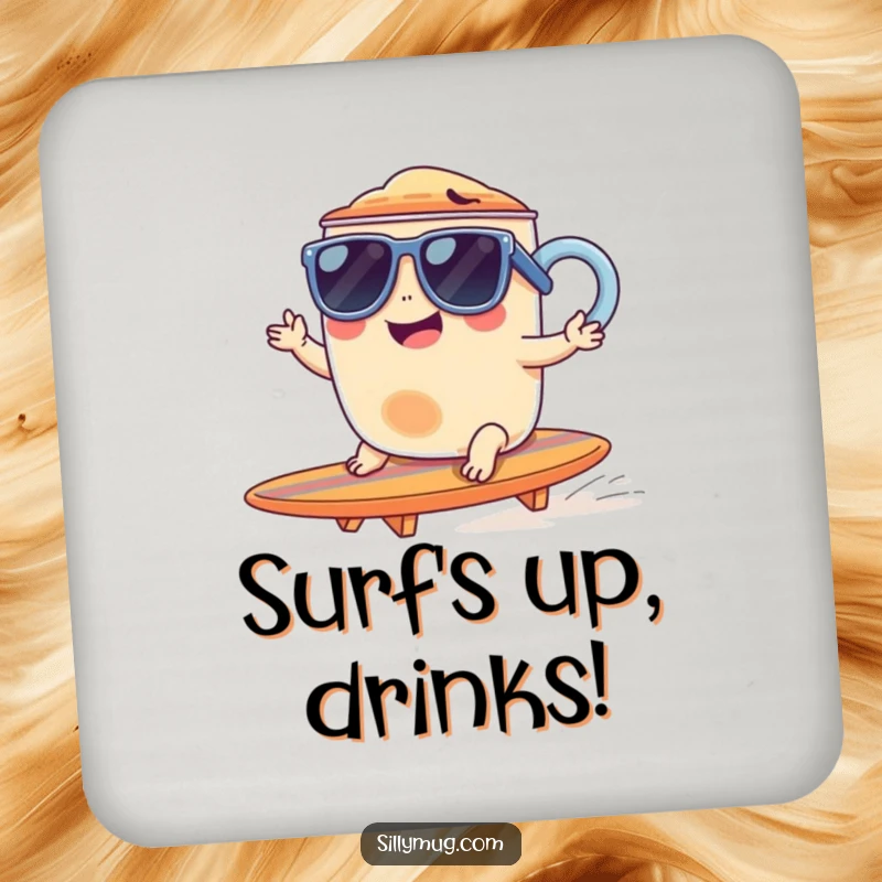 Funny drink coaster featuring a giggling mug in sunglasses, surfing a tiny surfboard, protecting surfaces with humor.