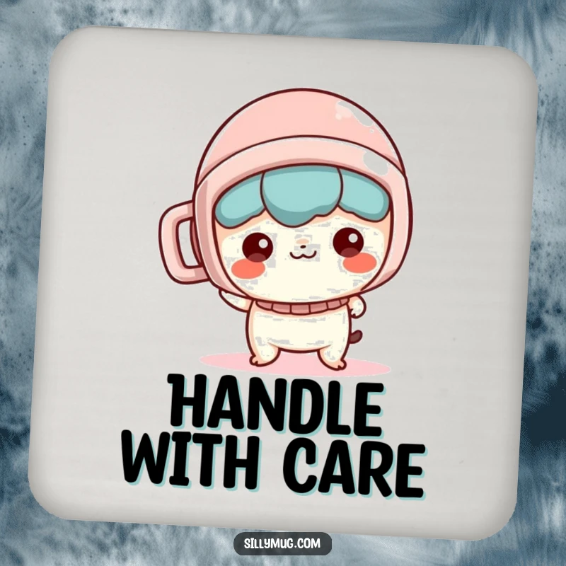 Funny Coaster: A mischievous Kawaii character wears a mug as a helmet, protecting drinks with adorable humor.