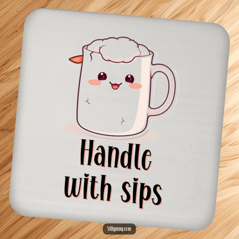 Funny kawaii coaster showing a mug character with a cracked handle and a sheepish grin, ideal for surface protection.