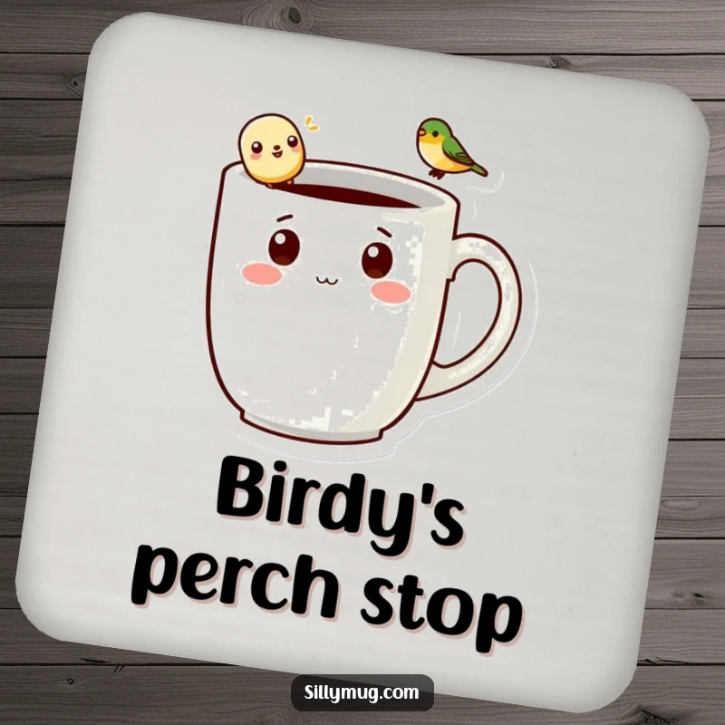 Funny kawaii mug character with a tiny bird on its handle, featured on a protective and humorous drink coaster.