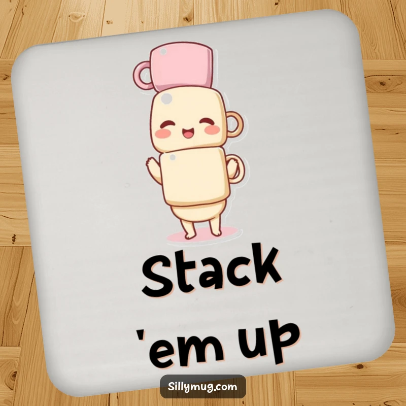 Funny drink coaster depicting a giggling Kawaii character trying to balance a stack of mugs, adding a humorous element to drink service.