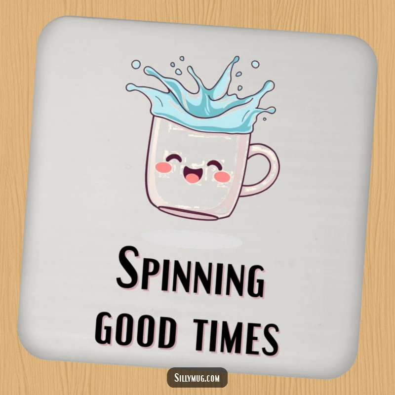 Funny Coaster: A joyful mug spins like a top, splashing imaginary liquid, a humorous and functional piece for any table.