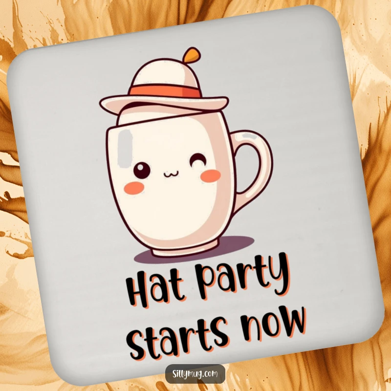 Funny Kawaii mug character with a tilted jaunty hat coasters, protecting surfaces with cute artistic humor and charm.