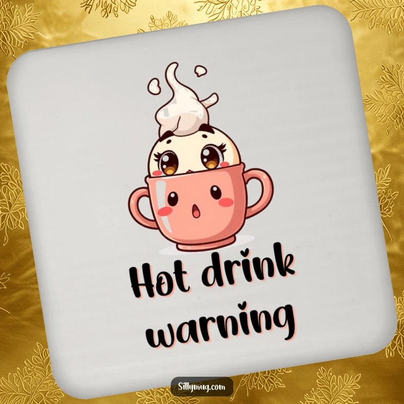 Funny Kawaii character coaster, surprised with wide eyes as a mug bursts with steam, humorous table accessory, perfect for desks and bars.