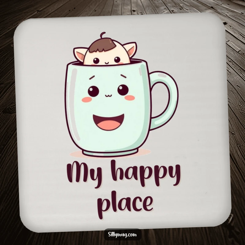 Funny drink coaster with a playful Kawaii character peeking from a large, cheerful mug, offering surface protection with a humorous touch.