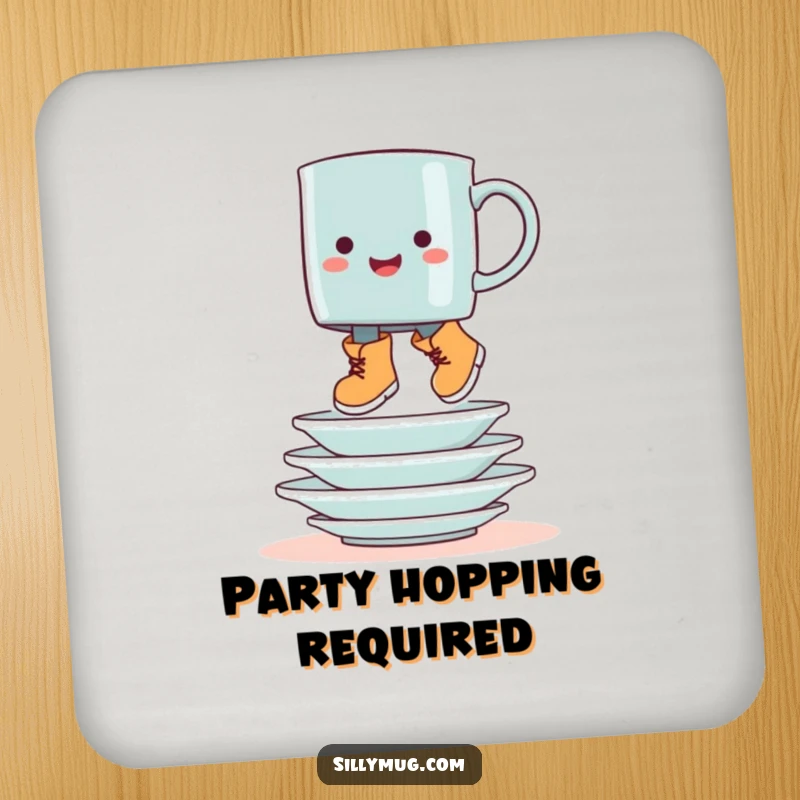 Funny booted mug hop coaster, with a mug in boots jumping over dishes, for humorous table protection.
