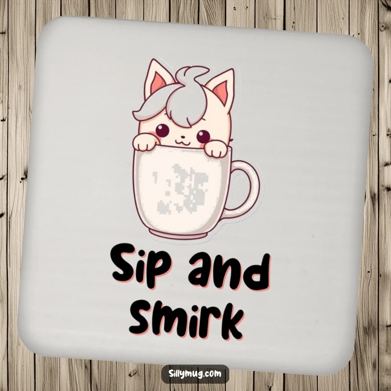 Funny drink coaster showing a character peeking over a mug with a mischievous grin, protecting surfaces.