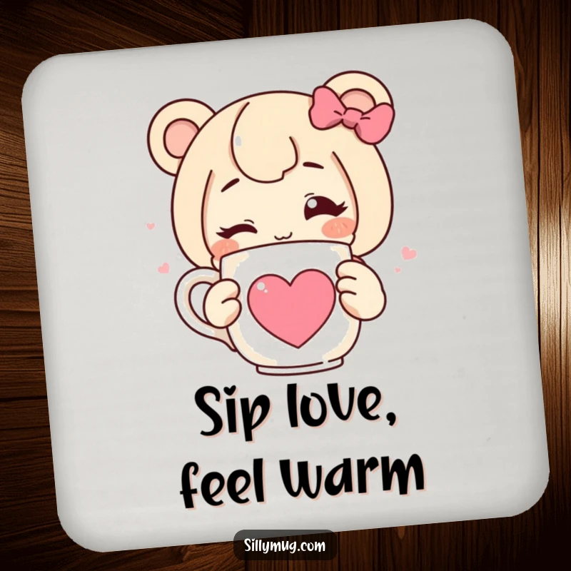 Funny drink coaster showcasing a character winking and holding a steaming mug with a heart, adding humor and protection to tables.