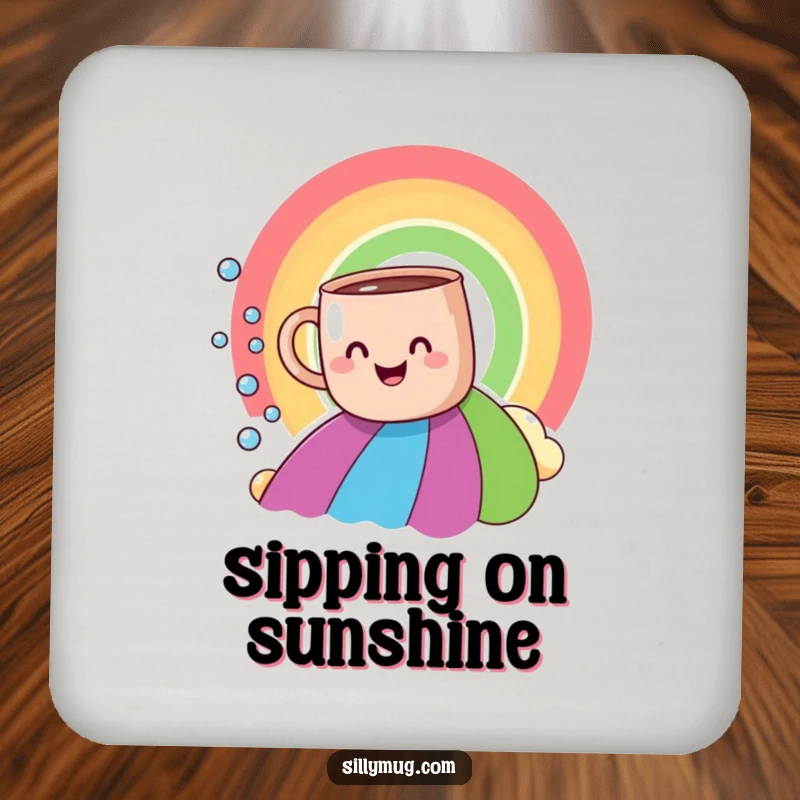 Funny smiling mug rainbow slide coaster, depicting a happy mug on a rainbow, perfect for humorous table protection.