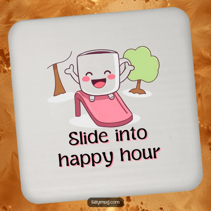 Funny drink coaster featuring a playful mug with arms outstretched, joyfully sliding down a slide, protecting surfaces with humor.
