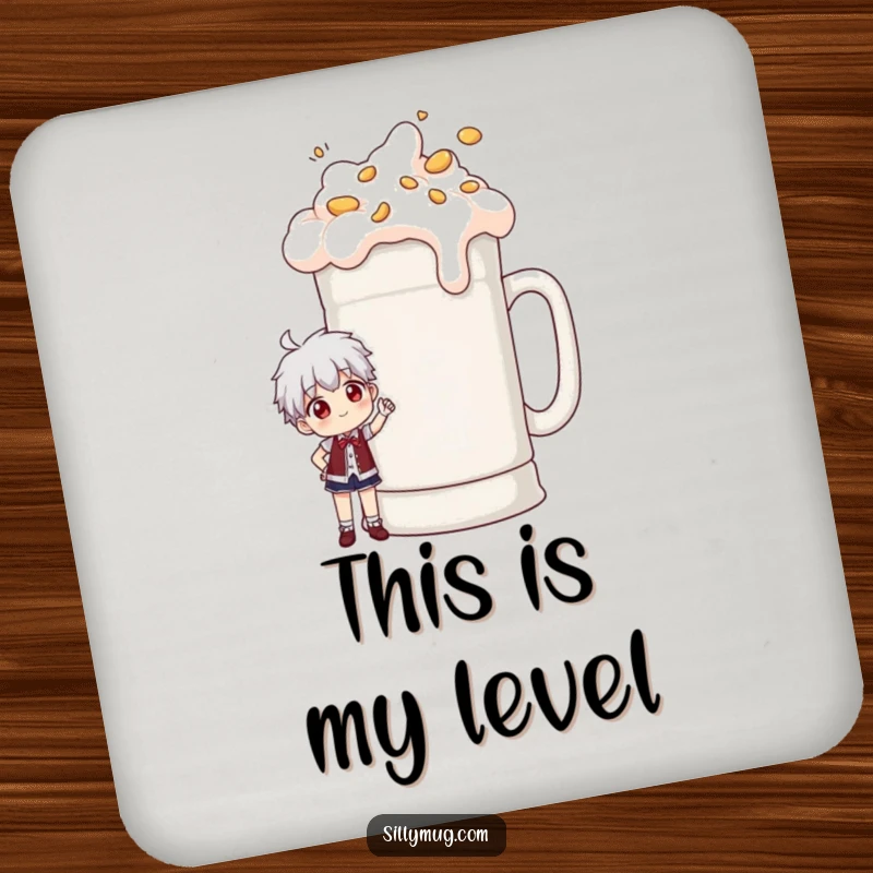 Funny drink coaster showing a character posing proudly next to an enormous, overflowing coffee mug, perfect for coffee-themed decor.
