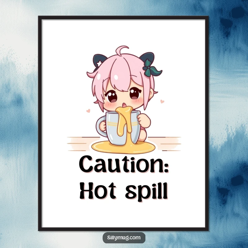 Funny poster depicting a character's shocked face after a hot liquid spill from a mug, perfect for wall decor.