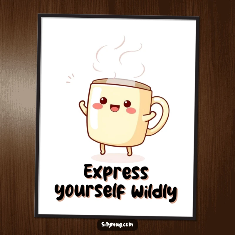 Funny poster featuring a kawaii mug character joyfully dancing with swirling steam, a vibrant celebration of happiness.