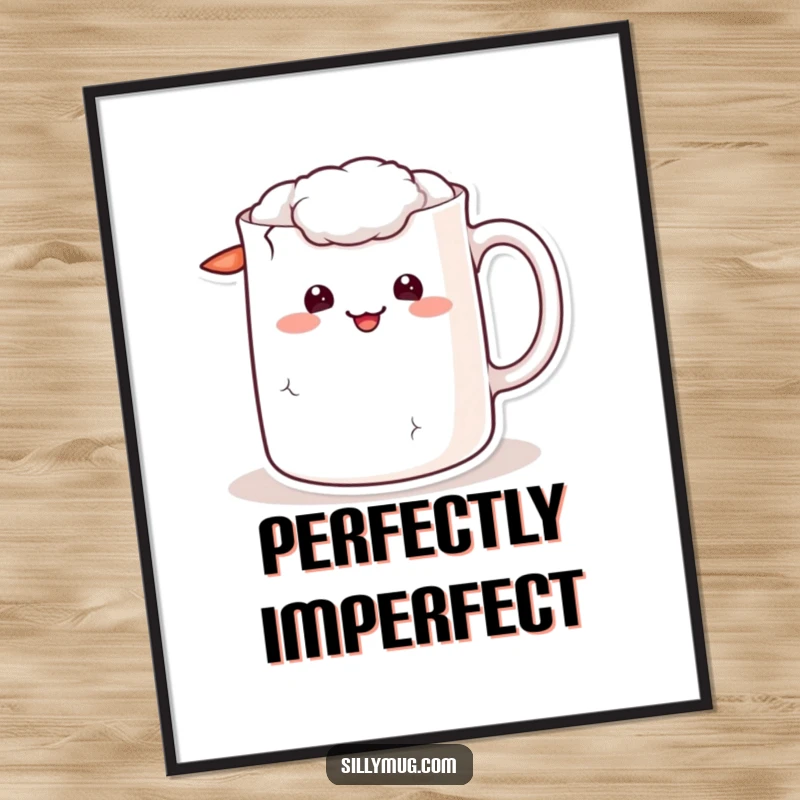 Funny kawaii poster of a mug character with a cracked handle and a sheepish grin, perfect for whimsical decor.